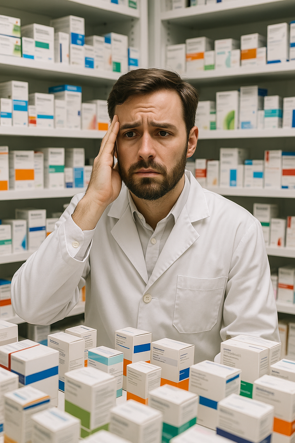 Farmacêutico com dúvidas e estresse na farmácia